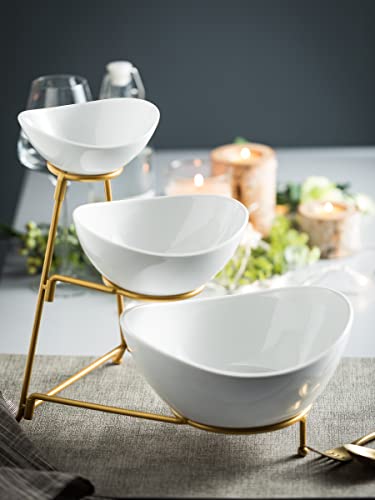 3-Tier Serving Bowl Set Tiered Serving Tray for Chips and Dip Serving Dishes for Entertaining Perfect for Candy, Appetizer, Chips and Salad Snack Packets Party Table Display Set Gold Stand
