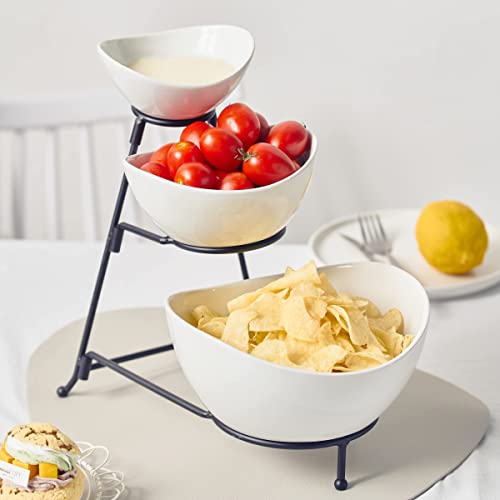 Gomakren 3 Tiered Oval Serving Bowl With Collapsible Metal Rack, Thanksgiving Bowls Dishes, Dessert Appetizer, Candy Chip Dip, Fruit, Vegetable Bowl Set, White Serving Dishes For Entertaining (Black)