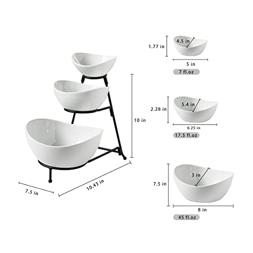 Gomakren 3 Tiered Oval Serving Bowl With Collapsible Metal Rack, Thanksgiving Bowls Dishes, Dessert Appetizer, Candy Chip Dip, Fruit, Vegetable Bowl Set, White Serving Dishes For Entertaining (Black)