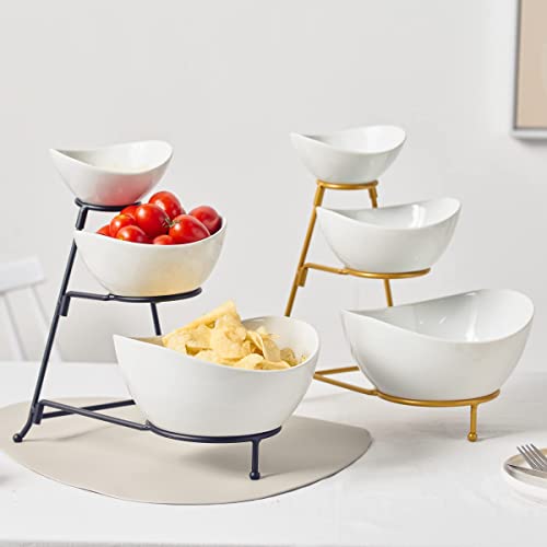 Gomakren 3 Tiered Oval Serving Bowl With Collapsible Metal Rack, Thanksgiving Bowls Dishes, Dessert Appetizer, Candy Chip Dip, Fruit, Vegetable Bowl Set, White Serving Dishes For Entertaining (Black)