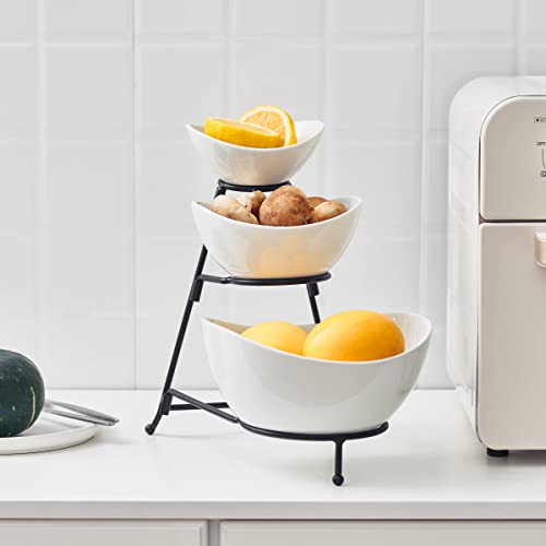 Gomakren 3 Tiered Oval Serving Bowl With Collapsible Metal Rack, Thanksgiving Bowls Dishes, Dessert Appetizer, Candy Chip Dip, Fruit, Vegetable Bowl Set, White Serving Dishes For Entertaining (Black)