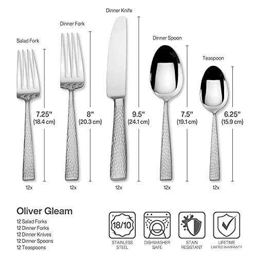 Mikasa Oliver Gleam 65-Piece 18/10 Stainless Steel Flatware Set with Serving Utensils, Service for 12, Silver