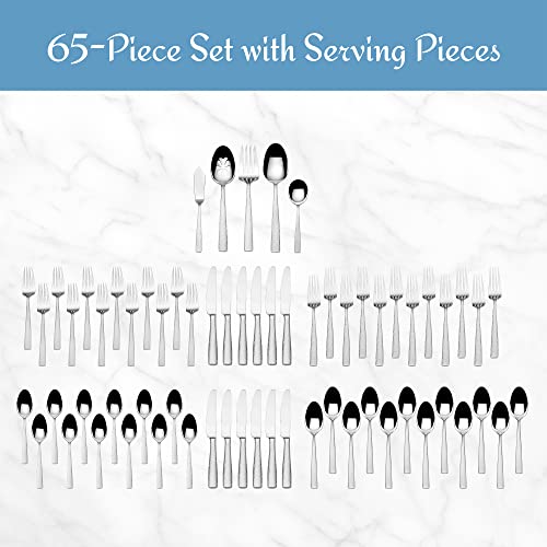 Mikasa Oliver Gleam 65-Piece 18/10 Stainless Steel Flatware Set with Serving Utensils, Service for 12, Silver