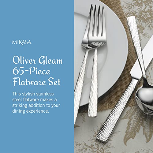 Mikasa Oliver Gleam 65-Piece 18/10 Stainless Steel Flatware Set with Serving Utensils, Service for 12, Silver