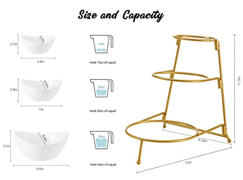 HBlife 3 Tier Oval Bowl Set with Metal Rack, Ceramic Fruit Bowl Serving, Tiered Serving Stand for Dessert Appetizer Cake Candy Chip Dip (Gold)