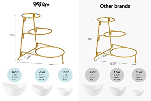 HBlife 3 Tier Oval Bowl Set with Metal Rack, Ceramic Fruit Bowl Serving, Tiered Serving Stand for Dessert Appetizer Cake Candy Chip Dip (Gold)