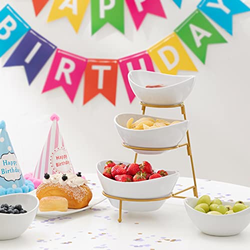HBlife 3 Tier Oval Bowl Set with Metal Rack, Ceramic Fruit Bowl Serving, Tiered Serving Stand for Dessert Appetizer Cake Candy Chip Dip (Gold)