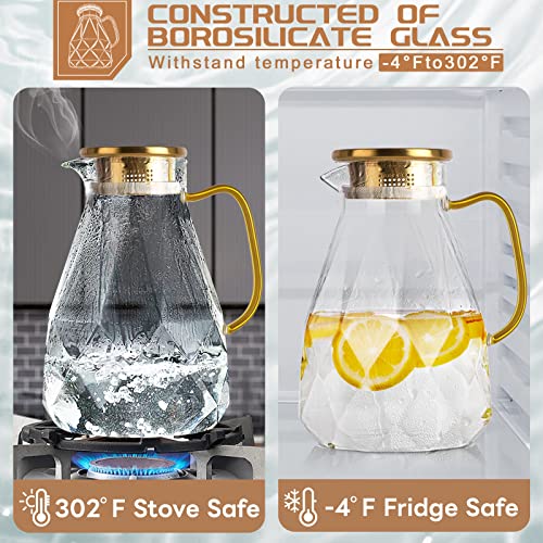Yirilan Glass Pitcher,74 oz/2.2 Liter Water Pitcher With Lid,Iced Tea Pitcher for Fridge,Glass Water Carafe With Lid, Glass Water Jug,Large Drink Pitcher For Juice, Milk, Cold Or Hot Beverages,2 Quart