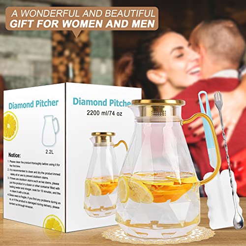 Yirilan Glass Pitcher,74 oz/2.2 Liter Water Pitcher With Lid,Iced Tea Pitcher for Fridge,Glass Water Carafe With Lid, Glass Water Jug,Large Drink Pitcher For Juice, Milk, Cold Or Hot Beverages,2 Quart