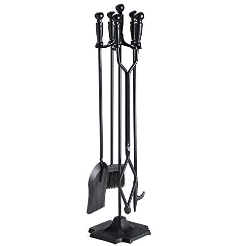 SYNTRIFIC 5 Pieces 32inch Fireplace Tool Set Black Cast Iron Fire Place Tool Set with Log Holder Fire Pit Stand Rustic Tongs Shovel Antique Broom Chimney Poker Wood Stove Hearth Accessories Set