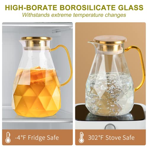 Yirilan Glass Pitcher,74 oz/2.2 Liter Water Pitcher With Lid,Iced Tea Pitcher for Fridge,Glass Water Carafe With Lid, Glass Water Jug,Large Drink Pitcher For Juice, Milk, Cold Or Hot Beverages,2 Quart