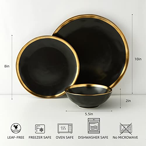 Pokini Matte Black Porcelain Dinnerware Set 12 Piece Service for 4, Dishes, Round Plates, Bowls, Golden Rim Dish Set for Home Decor