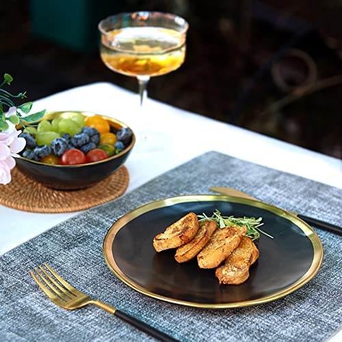 Pokini Matte Black Porcelain Dinnerware Set 12 Piece Service for 4, Dishes, Round Plates, Bowls, Golden Rim Dish Set for Home Decor