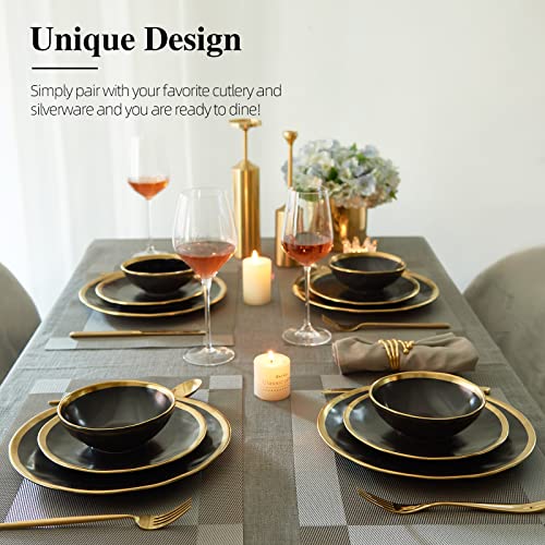 Pokini Matte Black Porcelain Dinnerware Set 12 Piece Service for 4, Dishes, Round Plates, Bowls, Golden Rim Dish Set for Home Decor