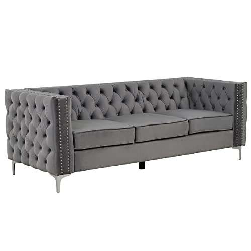 Morden Fort 85" Velvet Sofa for Living Room Furniture with Deep Dutch Velvet, Iron Legs Couch for Living Room Furniture Sets - Grey