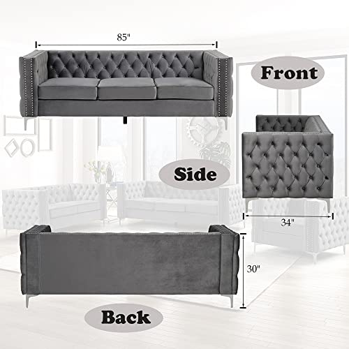 Morden Fort 85" Velvet Sofa for Living Room Furniture with Deep Dutch Velvet, Iron Legs Couch for Living Room Furniture Sets - Grey