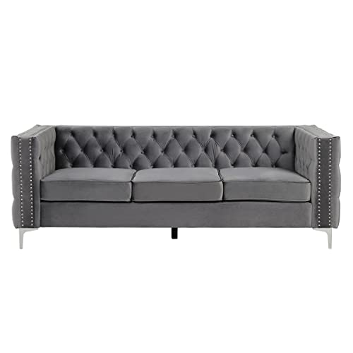 Morden Fort 85" Velvet Sofa for Living Room Furniture with Deep Dutch Velvet, Iron Legs Couch for Living Room Furniture Sets - Grey