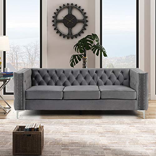 Morden Fort 85" Velvet Sofa for Living Room Furniture with Deep Dutch Velvet, Iron Legs Couch for Living Room Furniture Sets - Grey