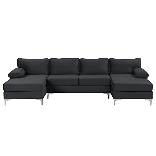 Casa Andrea Milano Modern Large Velvet Fabric U-Shape Sectional Sofa, Double Extra Wide Chaise Lounge Couch, Midnight
