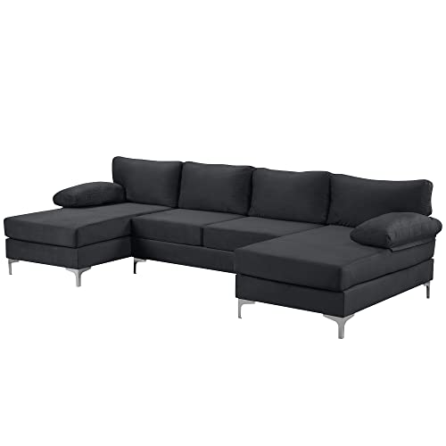 Casa Andrea Milano Modern Large Velvet Fabric U-Shape Sectional Sofa, Double Extra Wide Chaise Lounge Couch, Midnight