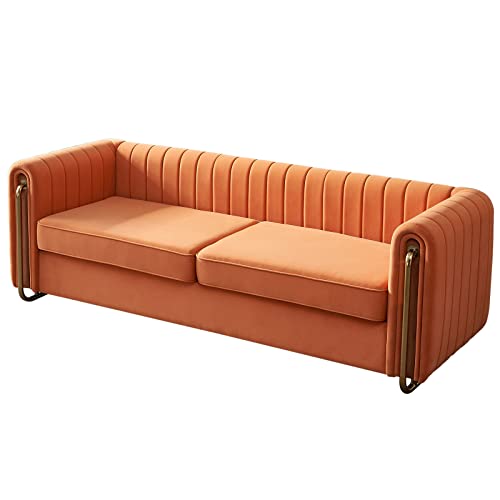 Dolonm Modern Velvet Sofa for Living Room, 84 Inches Long Upholstered Sofa Couch with High Armrest and Metal Legs Decor Furniture for Bedroom, Office (Orange)