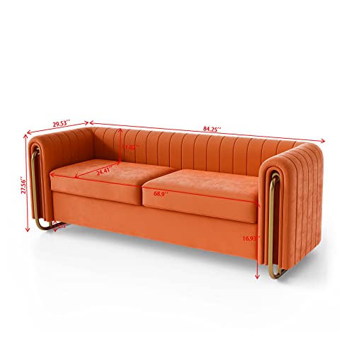 Dolonm Modern Velvet Sofa for Living Room, 84 Inches Long Upholstered Sofa Couch with High Armrest and Metal Legs Decor Furniture for Bedroom, Office (Orange)