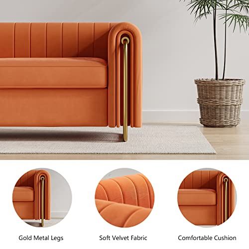 Dolonm Modern Velvet Sofa for Living Room, 84 Inches Long Upholstered Sofa Couch with High Armrest and Metal Legs Decor Furniture for Bedroom, Office (Orange)