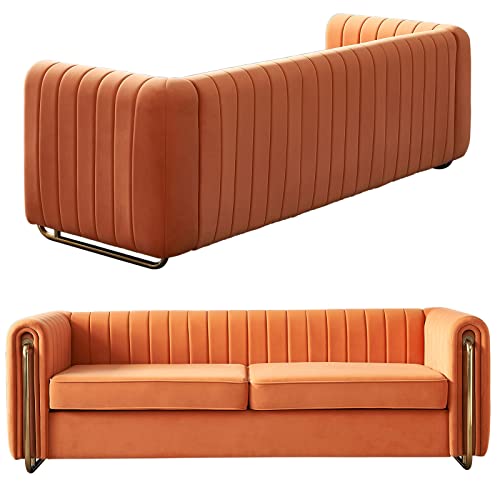 Dolonm Modern Velvet Sofa for Living Room, 84 Inches Long Upholstered Sofa Couch with High Armrest and Metal Legs Decor Furniture for Bedroom, Office (Orange)