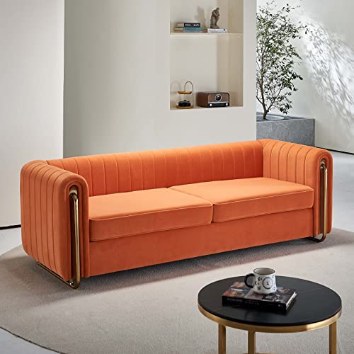 Dolonm Modern Velvet Sofa for Living Room, 84 Inches Long Upholstered Sofa Couch with High Armrest and Metal Legs Decor Furniture for Bedroom, Office (Orange)