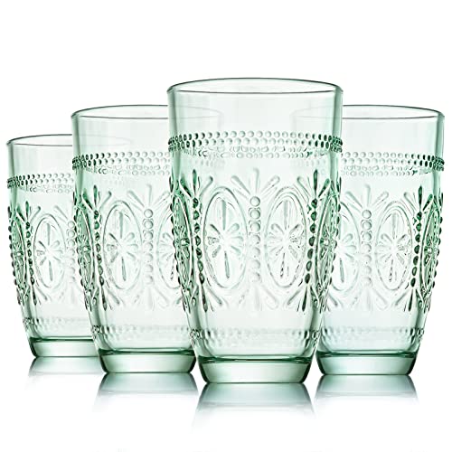 CREATIVELAND 4 Pack Colored Vintage Drinking Glasses, 15.5 oz Romantic Embossed Water Glasses, Colored Tumblers Tempered Glass, Vintage Glassware Set for Juice, Beverages, Beer, Cocktail (Green)