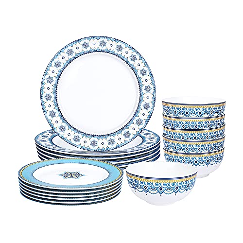 fanquare 18 Piece Porcelain Dinnerware Service for 6, Cloud Grain Painted Bowls, Dishes, Bright Blue Dinner Set