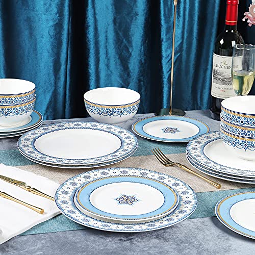 fanquare 18 Piece Porcelain Dinnerware Service for 6, Cloud Grain Painted Bowls, Dishes, Bright Blue Dinner Set