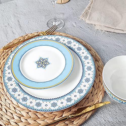 fanquare 18 Piece Porcelain Dinnerware Service for 6, Cloud Grain Painted Bowls, Dishes, Bright Blue Dinner Set