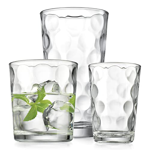 Home Essentials & Beyond Glassware Set 18 Piece Mixed Drinkware. Set of 6 Glass Tumblers 17 oz, Set of 6 Rock 13 oz. and Set of 6 Juice 7 oz Glass Cups Drinking Glasses.