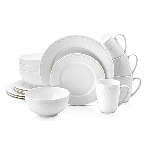 Stone Lain Bone China Basket Weave Embossed Round 16 Piece Dinnerware Set, White