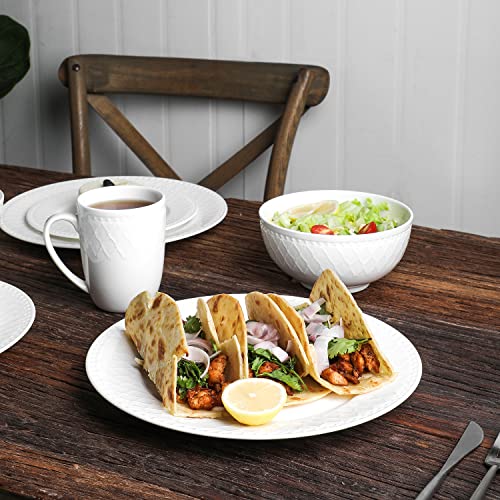 Stone Lain Bone China Basket Weave Embossed Round 16 Piece Dinnerware Set, White