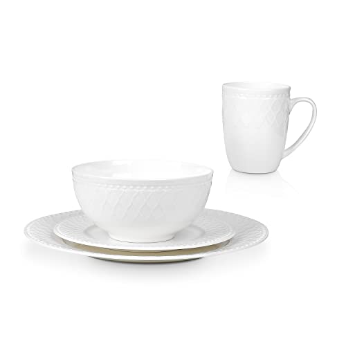 Stone Lain Bone China Basket Weave Embossed Round 16 Piece Dinnerware Set, White