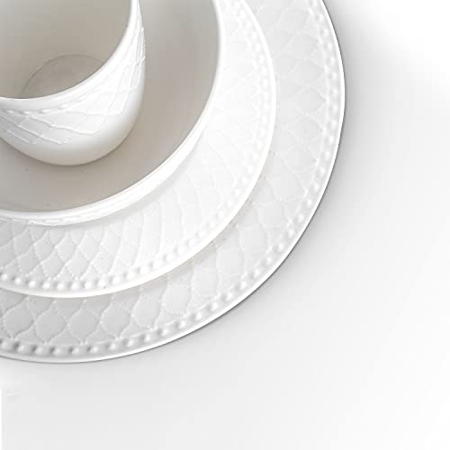 Stone Lain Bone China Basket Weave Embossed Round 16 Piece Dinnerware Set, White