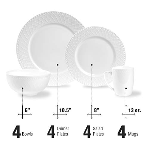 Stone Lain Bone China Basket Weave Embossed Round 16 Piece Dinnerware Set, White