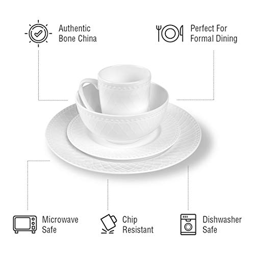 Stone Lain Bone China Basket Weave Embossed Round 16 Piece Dinnerware Set, White