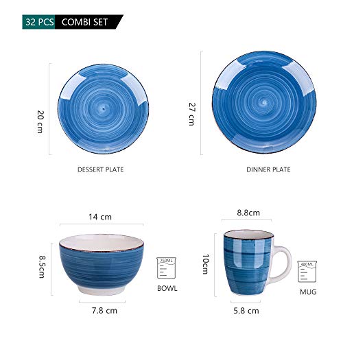 vancasso Stoneware Dinnerware Set, Bella 32 pieces Set of 8 Stoneware Dinner Set with Dinner Plates, Salad Plates, Bowls, Mugs, Microwave Dishwasher Safe - Blue