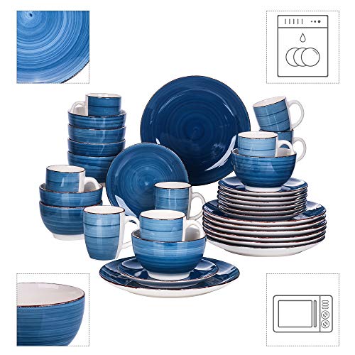 vancasso Stoneware Dinnerware Set, Bella 32 pieces Set of 8 Stoneware Dinner Set with Dinner Plates, Salad Plates, Bowls, Mugs, Microwave Dishwasher Safe - Blue