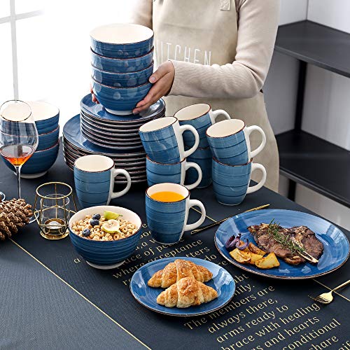 vancasso Stoneware Dinnerware Set, Bella 32 pieces Set of 8 Stoneware Dinner Set with Dinner Plates, Salad Plates, Bowls, Mugs, Microwave Dishwasher Safe - Blue