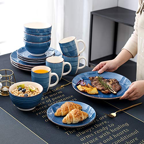 vancasso Stoneware Dinnerware Set, Bella 32 pieces Set of 8 Stoneware Dinner Set with Dinner Plates, Salad Plates, Bowls, Mugs, Microwave Dishwasher Safe - Blue