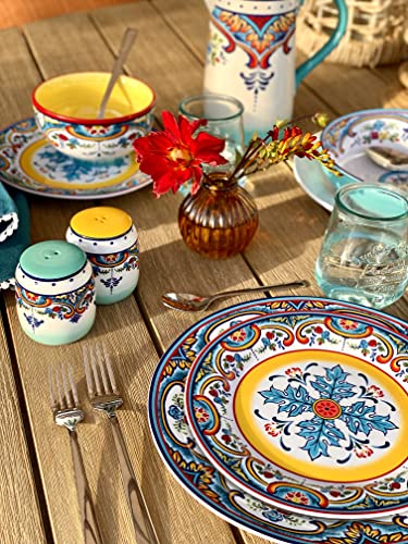 Euro Ceramica Zanzibar Double Bowl 16-Piece Dinnerware Set | Fine Kitchenware | Floral Multicolor Design Stoneware Tableware Service For 4