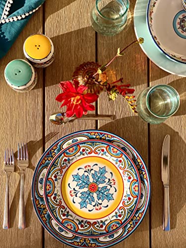 Euro Ceramica Zanzibar Double Bowl 16-Piece Dinnerware Set | Fine Kitchenware | Floral Multicolor Design Stoneware Tableware Service For 4