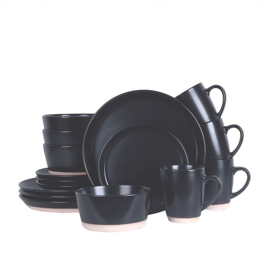 Stone Lain Jules Stoneware Round Dinnerware Set, Black,16-Piece Service for 4