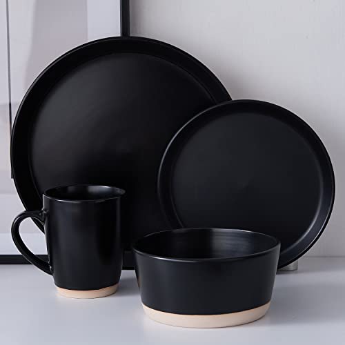 Stone Lain Jules Stoneware Round Dinnerware Set, Black,16-Piece Service for 4