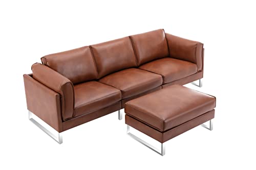 Morden Fort Sectional Sofa with Reversible Ottoman PU Leather Three Piece Couch L Shaped Sofa with Removeable Chaise 3 Seat Modern Sofa for Living Room Apartment (Brown)