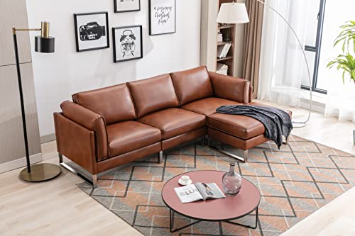 Morden Fort Sectional Sofa with Reversible Ottoman PU Leather Three Piece Couch L Shaped Sofa with Removeable Chaise 3 Seat Modern Sofa for Living Room Apartment (Brown)